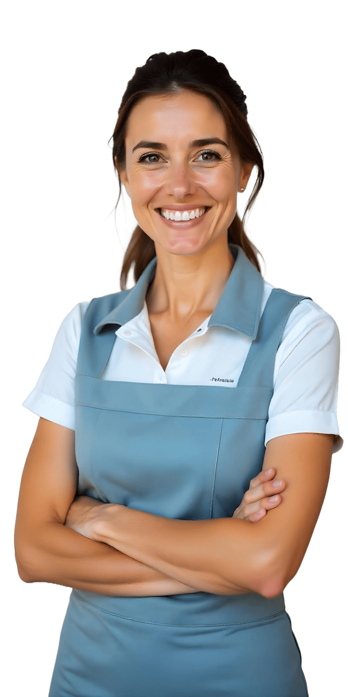 mulher sorrindo com uniforme da Limpeza de estofos em Lisboa na Best Clean Portugal